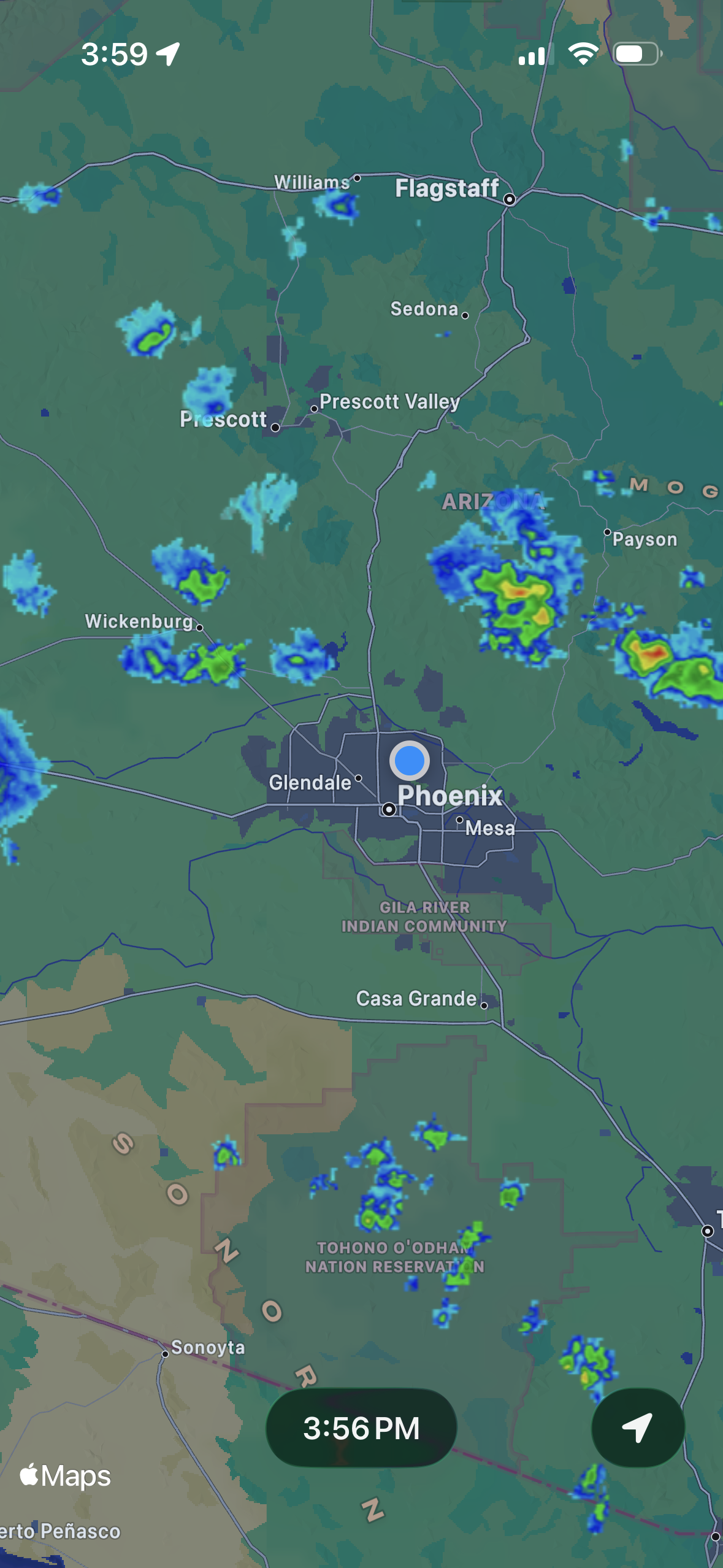 Only Radar showing live precipitation radar over a dark map of Phoenix, Arizona
