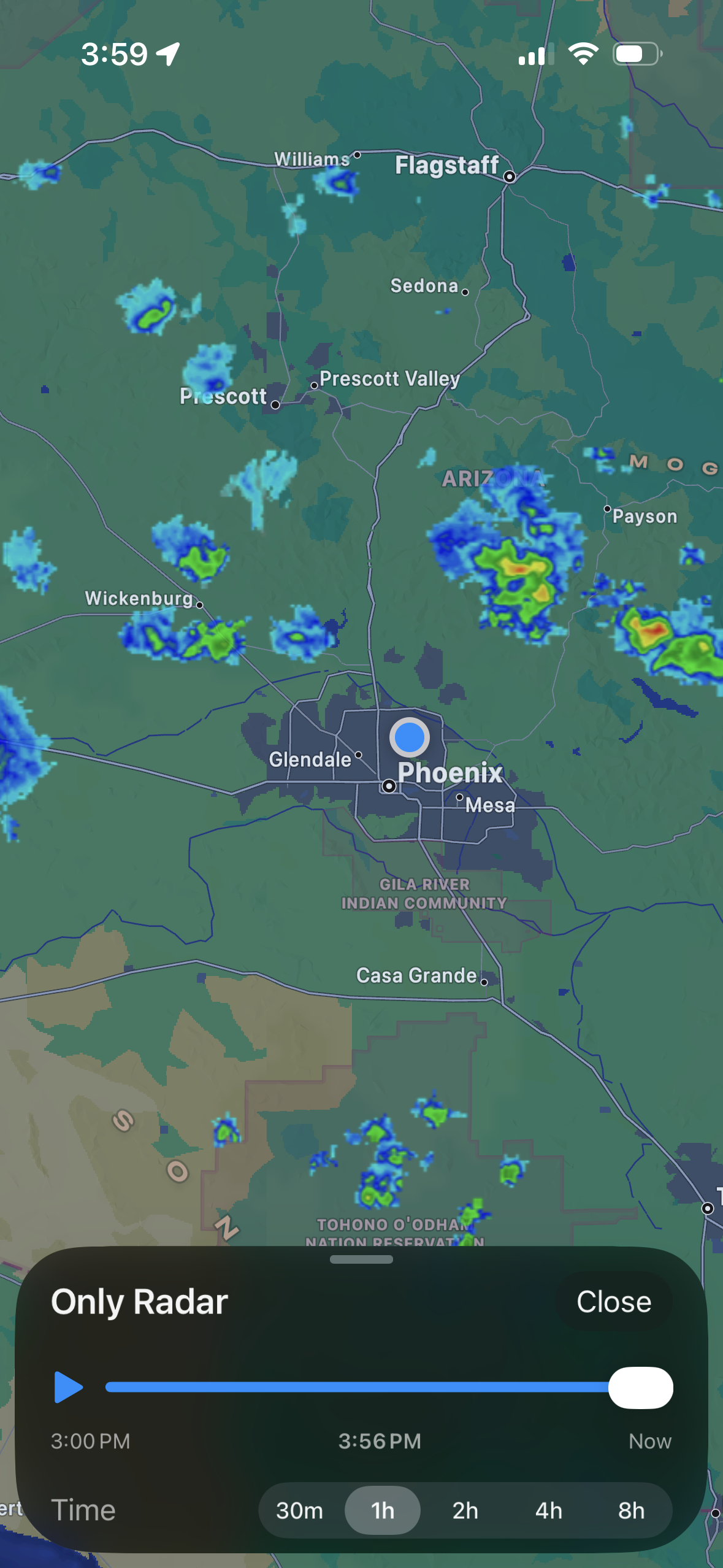 Only Radar playback panel showing a radar timeline from 3:00 PM to now
